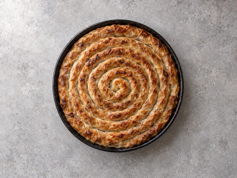 A whole spiral burek, golden and flaky, in a round baking pan