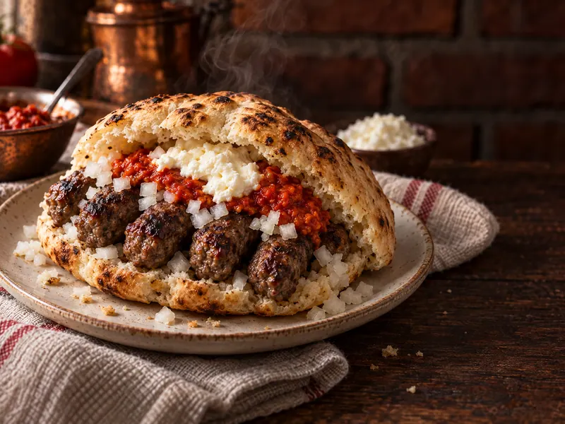 Ćevapi in warm somun bread with chopped onion and ajvar
