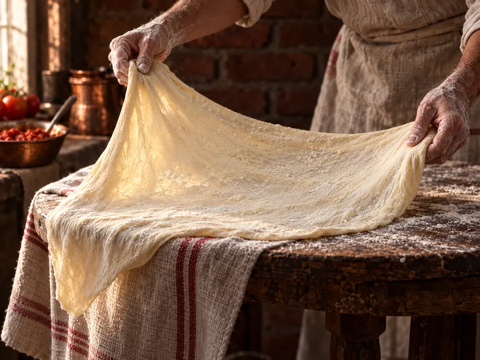 Hands stretching a thin sheet of pastry dough over a floured table