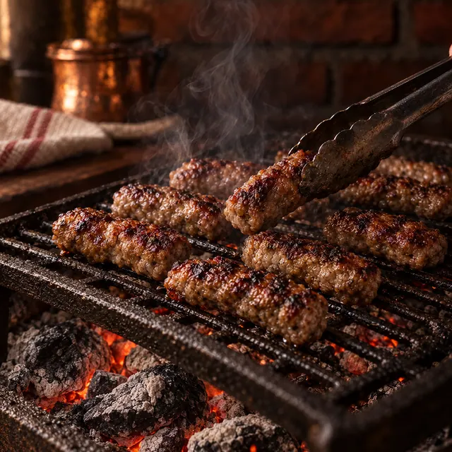 Ćevapi turned with tongs on a charcoal grill