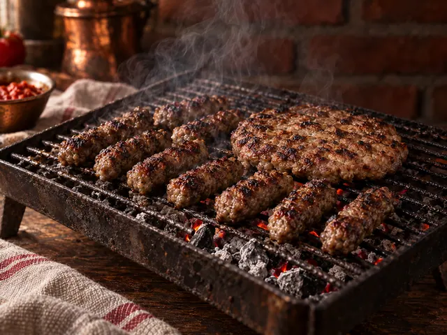 Ćevapi and a pljeskavica patty on a charcoal grill
