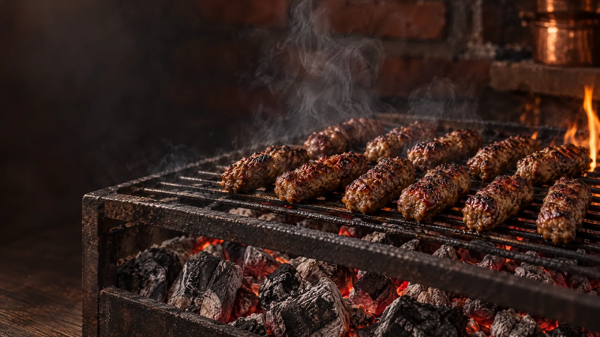 Ćevapi sizzling on a grill over glowing charcoal