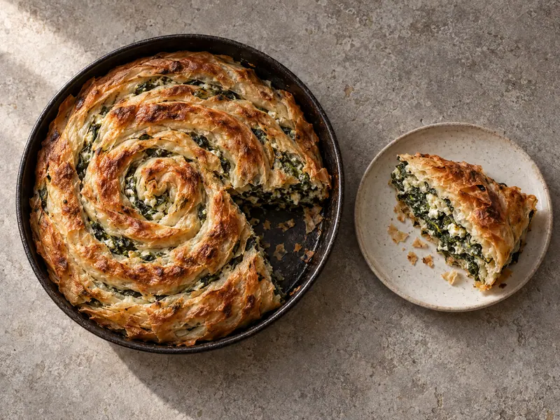 Spinach and cheese pita in a round pan, with a slice cut and served on a plate