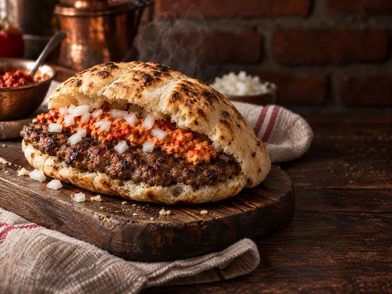Pljeskavica in somun bread with ajvar and chopped onion, on a wooden board