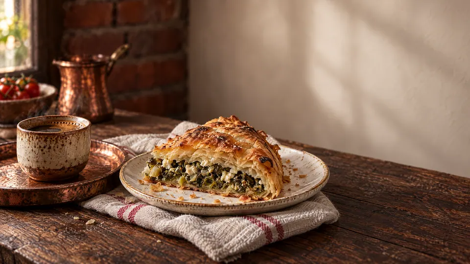 A wedge of flaky spinach pita beside a copper coffee pot and cup